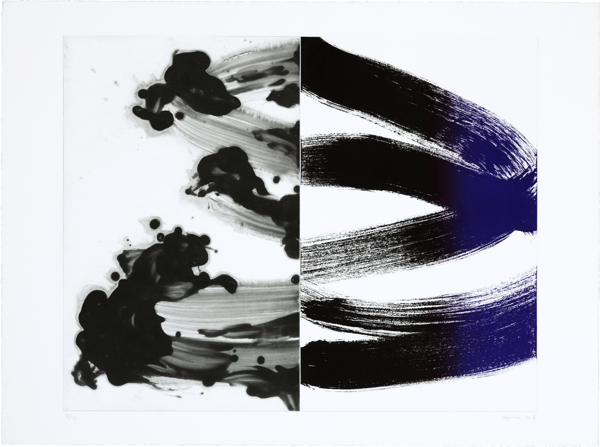 Agathe de Bailliencourt abstract etching, Pre-delay (purple). Soft fluid purple gradients on the left contrast with bold black and violet brushstrokes on the right.
