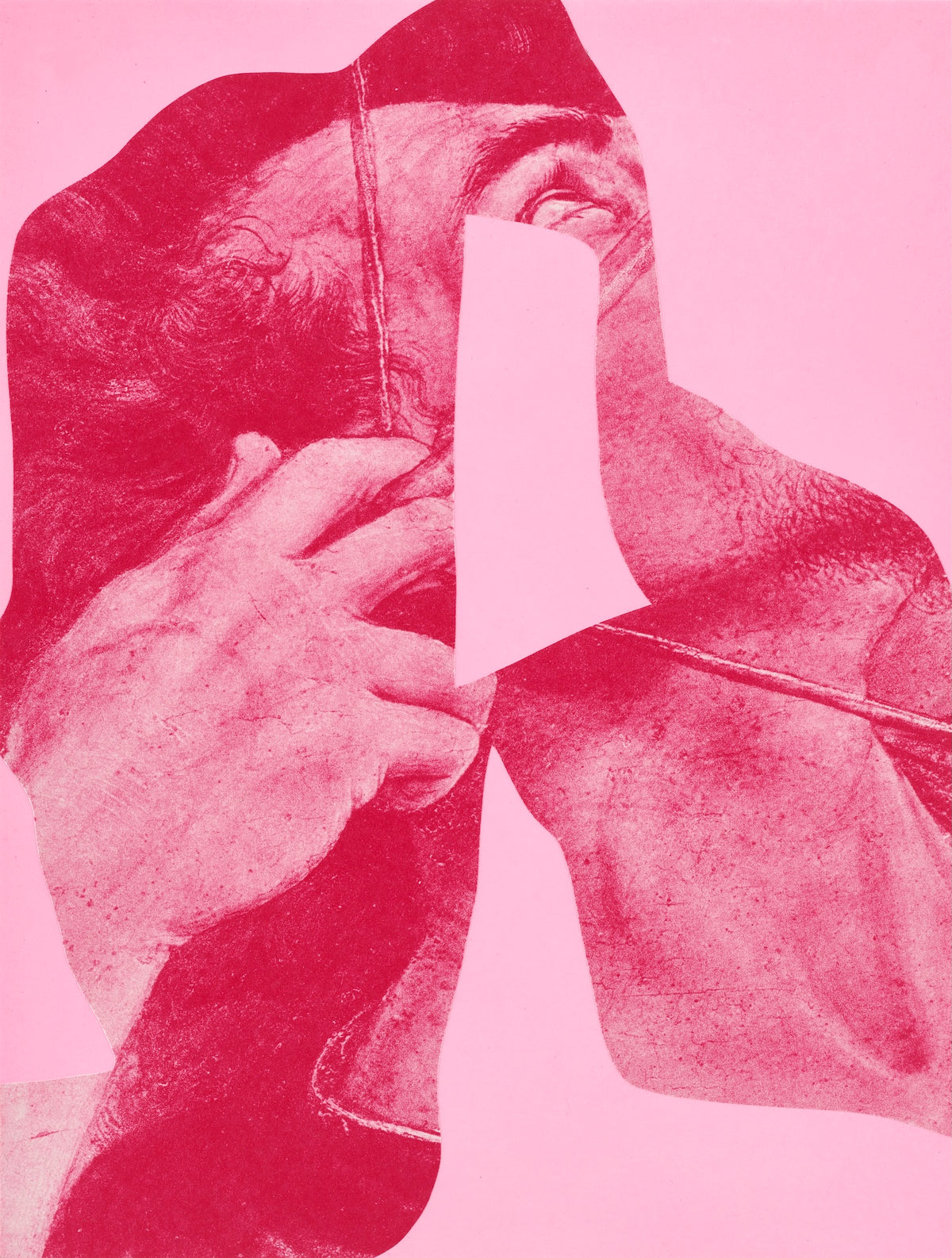 Arturo Herrera’s "Portal (Pink)": mixed-media print with bold pink organic shapes obscuring classical Pollaiuolo imagery.