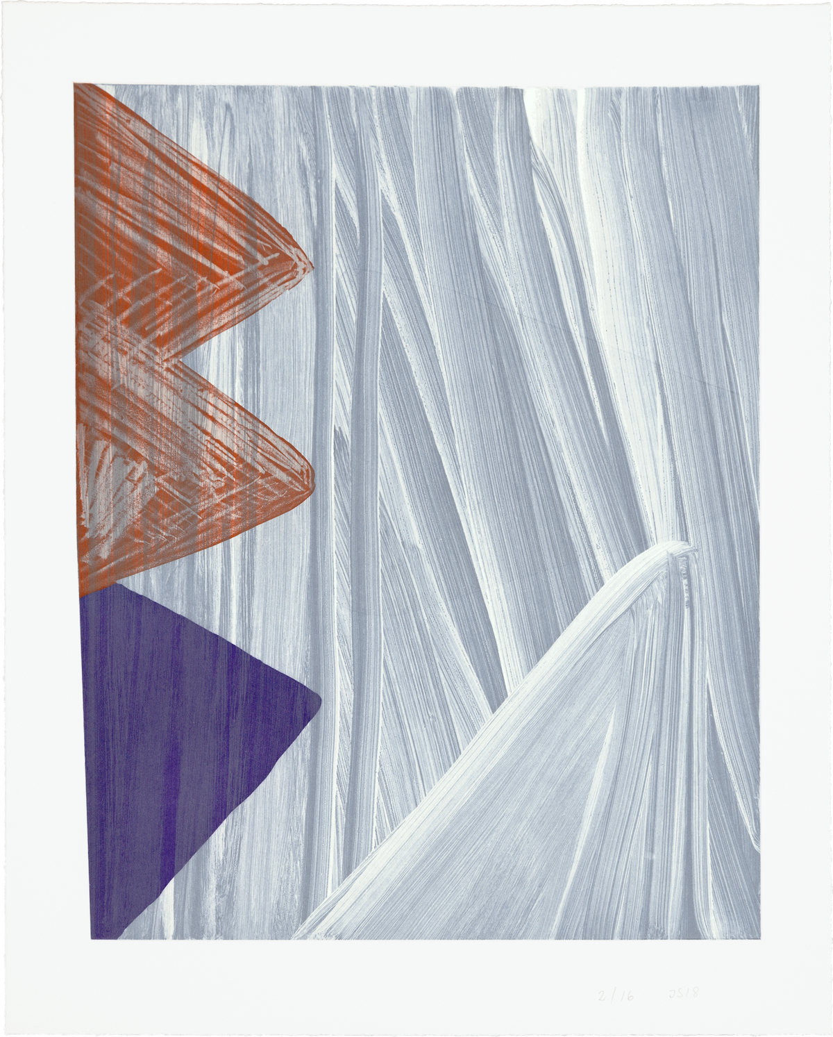 Julie Sass etching: red ochre & purple triangles on light blue background with central blind embossing.