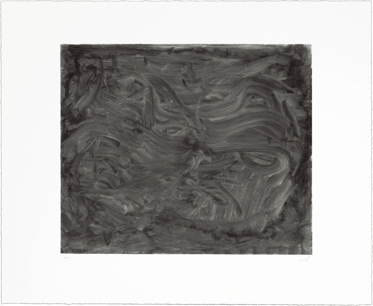 Abstract horizontal monotype by Liat Yossifor. Dark, near-black charcoal gray gestural watercolour textures on white paper.