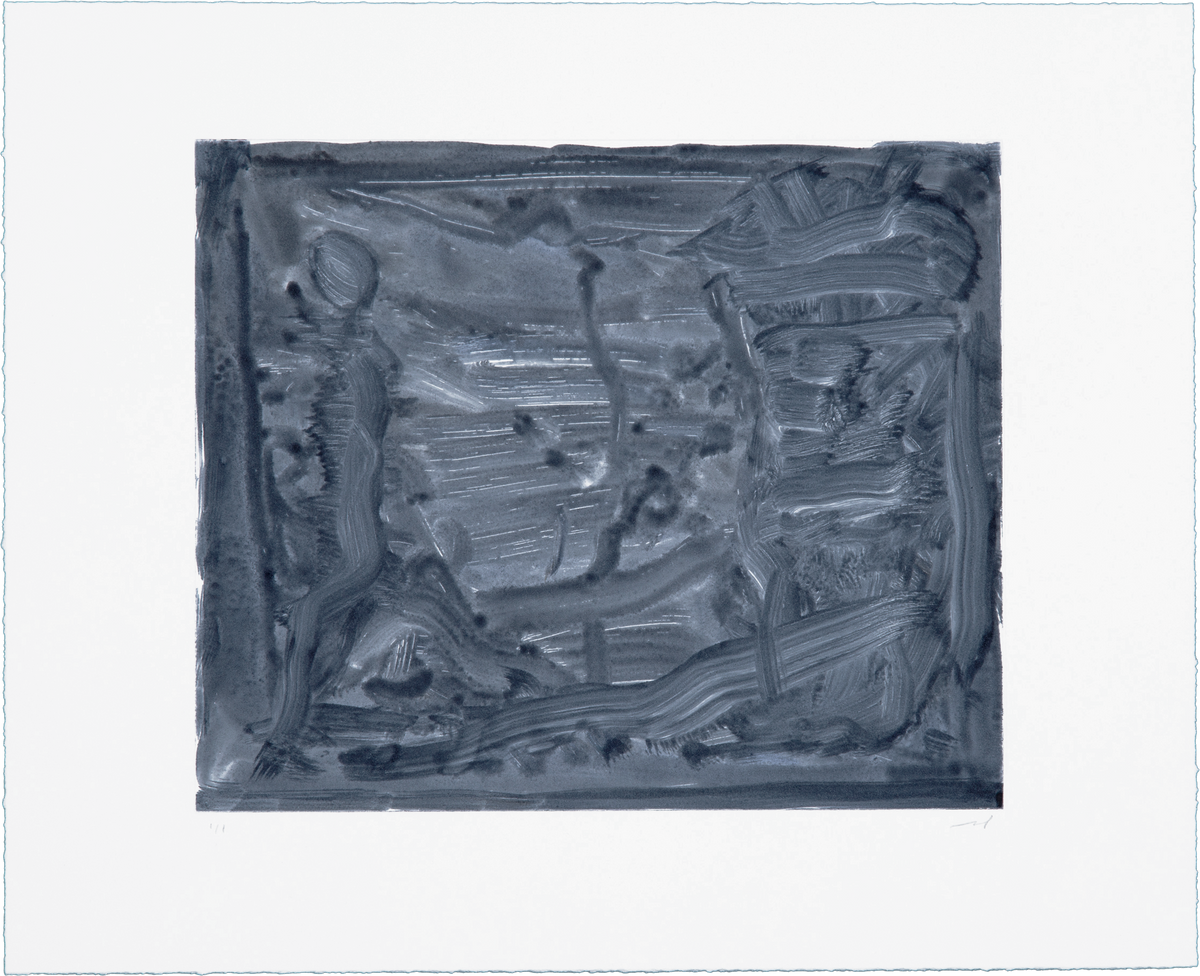 Liat Yossifor horizontal monotype. Moody Payne's gray watercolour strokes evoke a landscape with a silhouette on the left