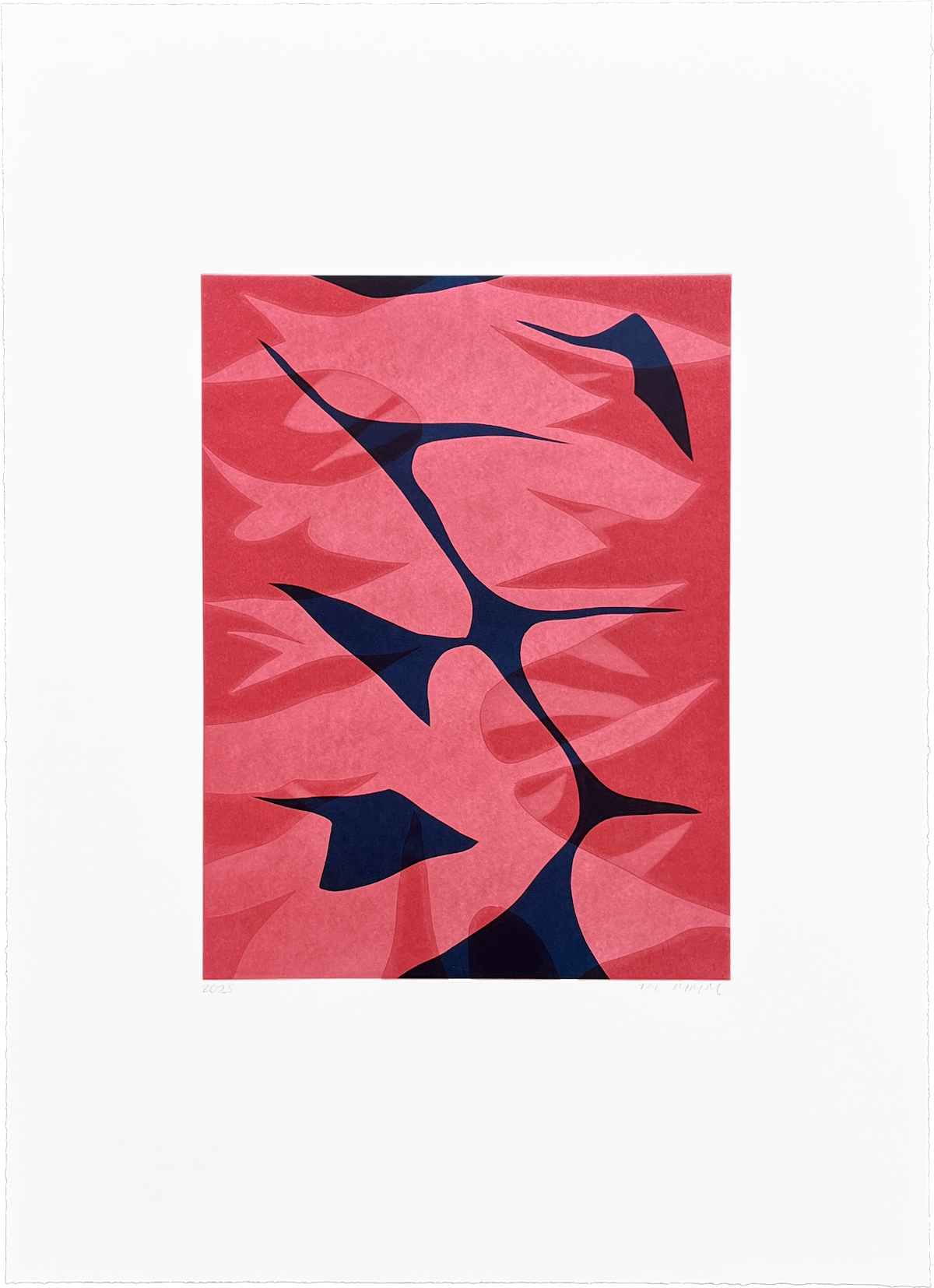 Mathias Malling Mortensen monoprint: dark blue thin shape expands diagonally over light red patterns on soft red.
