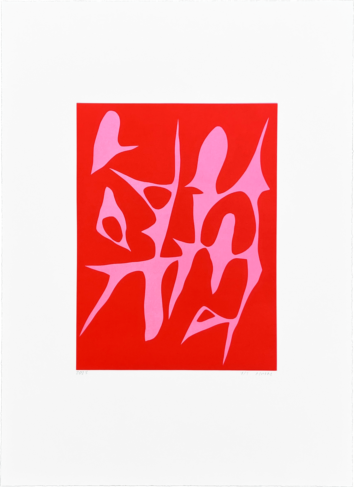 Abstract monoprint by Mathias Malling Mortensen. Organic, biomorphic pink forms create fluid shapes over a striking, intense red background.