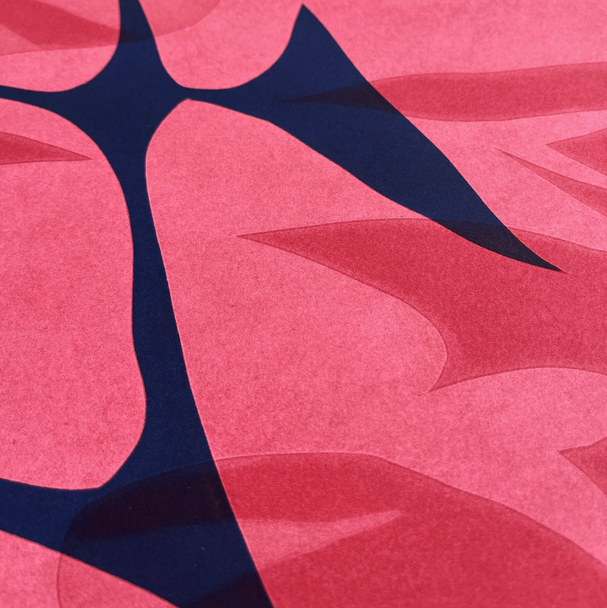 Detail of Mathias Malling Mortensen's monoprint: dark blue thin shape expands diagonally over light red patterns on soft red.