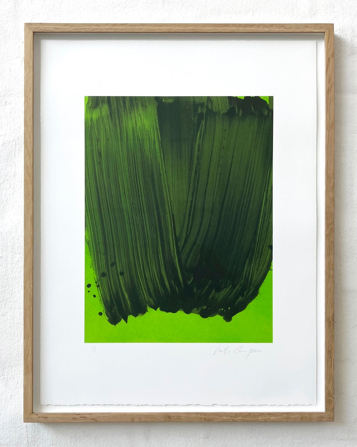 Ruth Campau 'This Moment for You' monoprint: fluid black abstract brushstroke over a vibrant, bright green background.