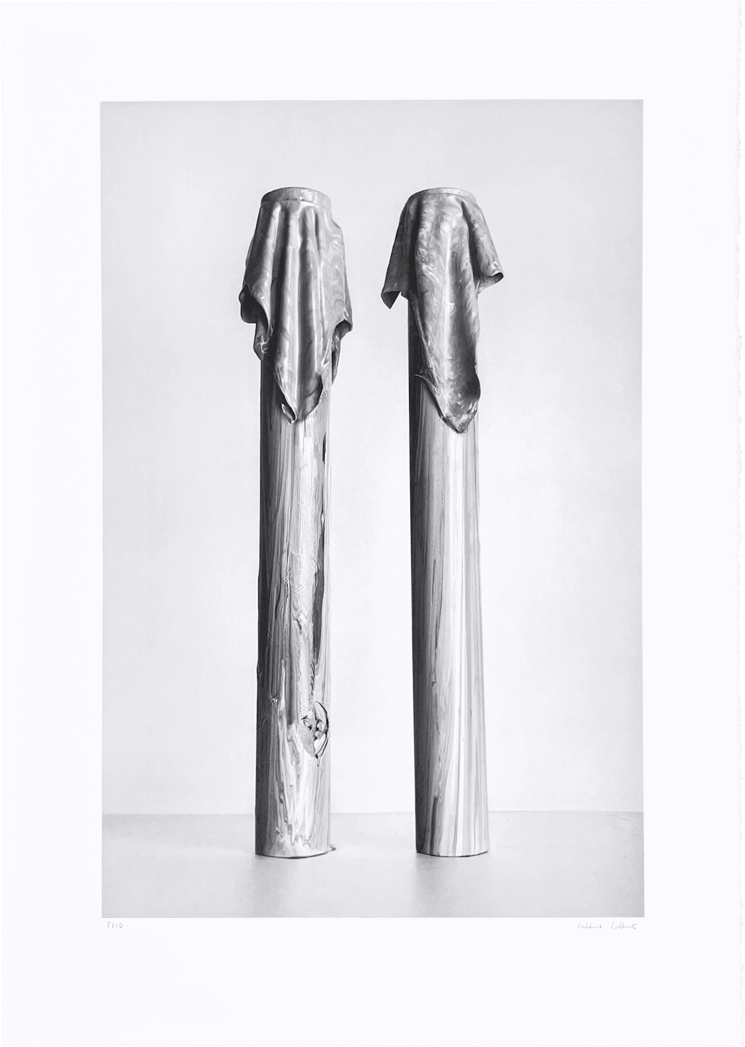 "Ruin (III)" photogravure by Valérie Collart: gray-toned pillars draped in soft fabric with subtle metallic highlights.
