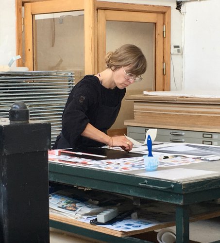 Julie Sass working on her aquatint etchings at Printer's Proof