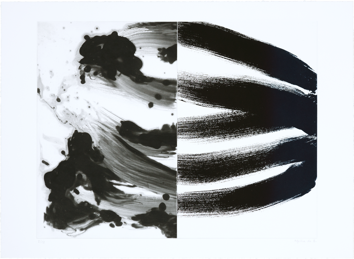 Agathe de Bailliencourt abstract etching, Pre-delay (Prussian blue). Soft fluid blue gradients on the left contrast with bold black brushstrokes on the right.