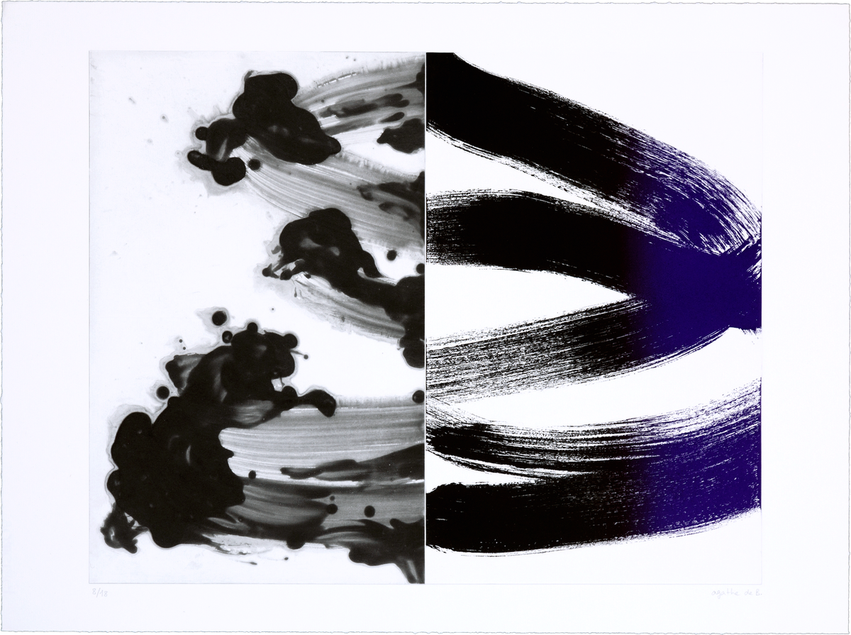 Agathe de Bailliencourt abstract etching, Pre-delay (purple). Soft fluid purple gradients on the left contrast with bold black and violet brushstrokes on the right.