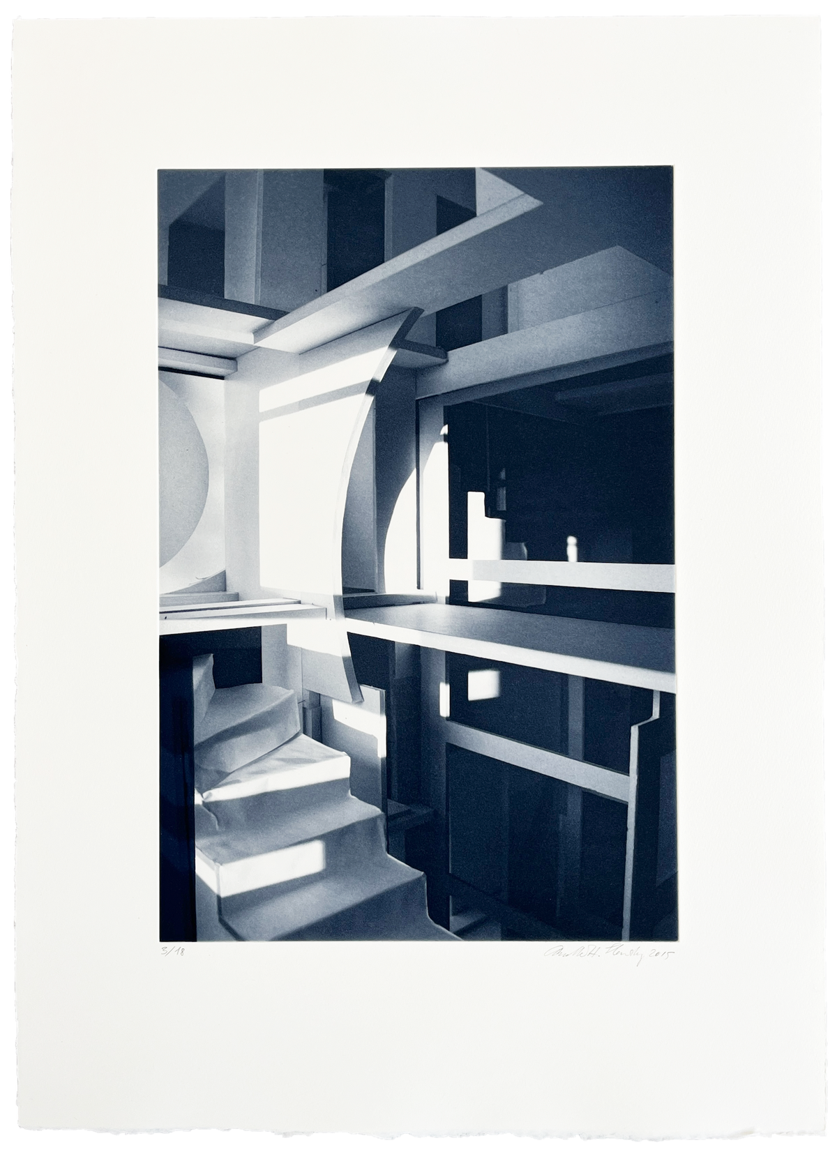 Anette Harboe Flensburg photogravure: unpopulated, atmospheric interior space in monochrome deep blues and shadows.