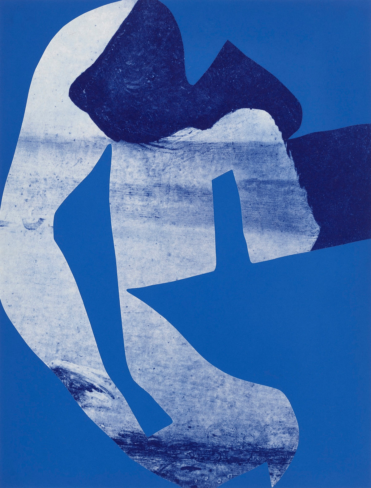 Arturo Herrera’s "Portal (Blue)": mixed-media print with bold ultramarine shapes obscuring classical Piero di Cosimo imagery.