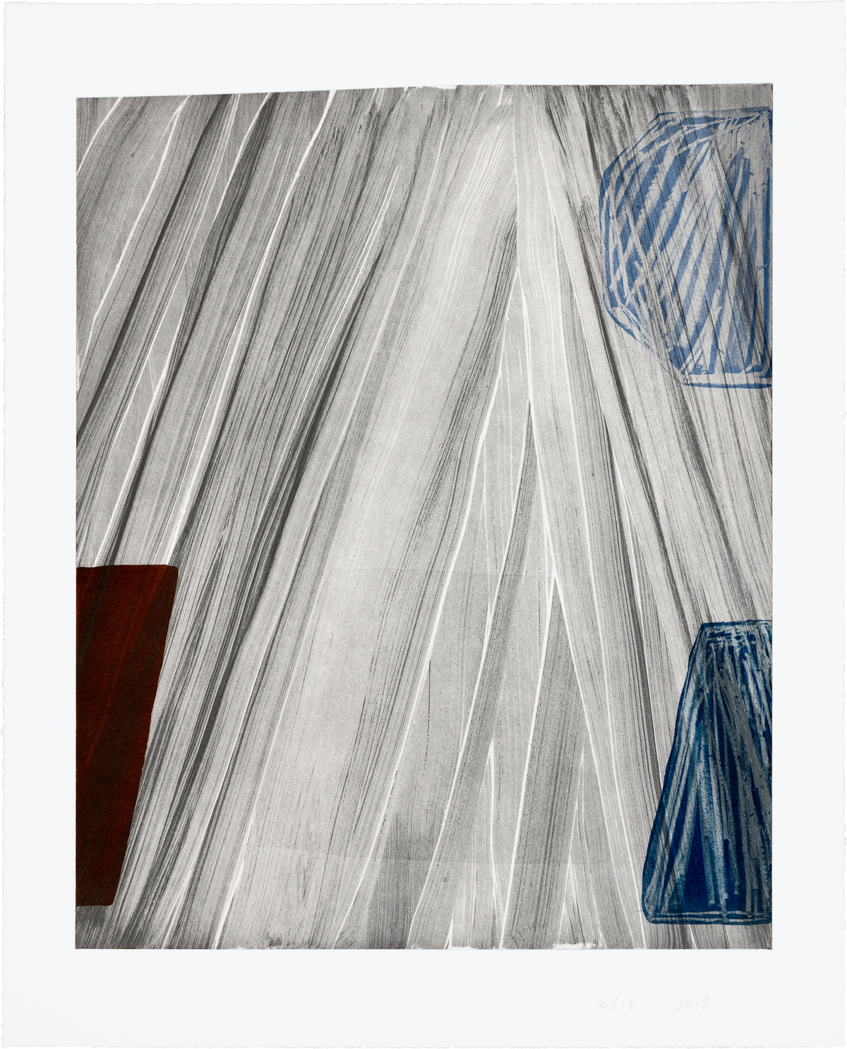 Julie Sass etching: geometric blue & brown forms frame a striped deep gray backdrop with structural central blind embossing.