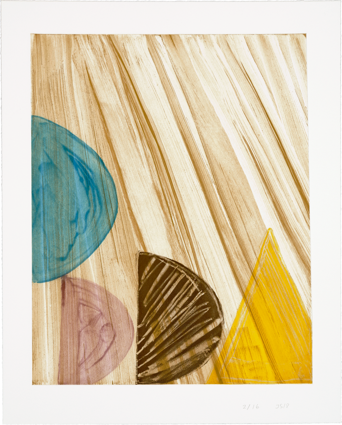 Julie Sass etching: abstract blue, yellow, brown, and pink geometric forms over a subtly striped light ochre backdrop.