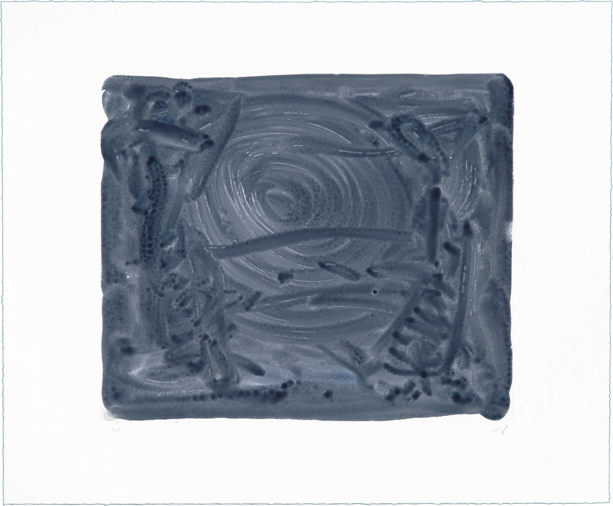 Horizontal Payne's gray monotype by Liat Yossifor. Fluid watercolor strokes form a circular swirl near the center