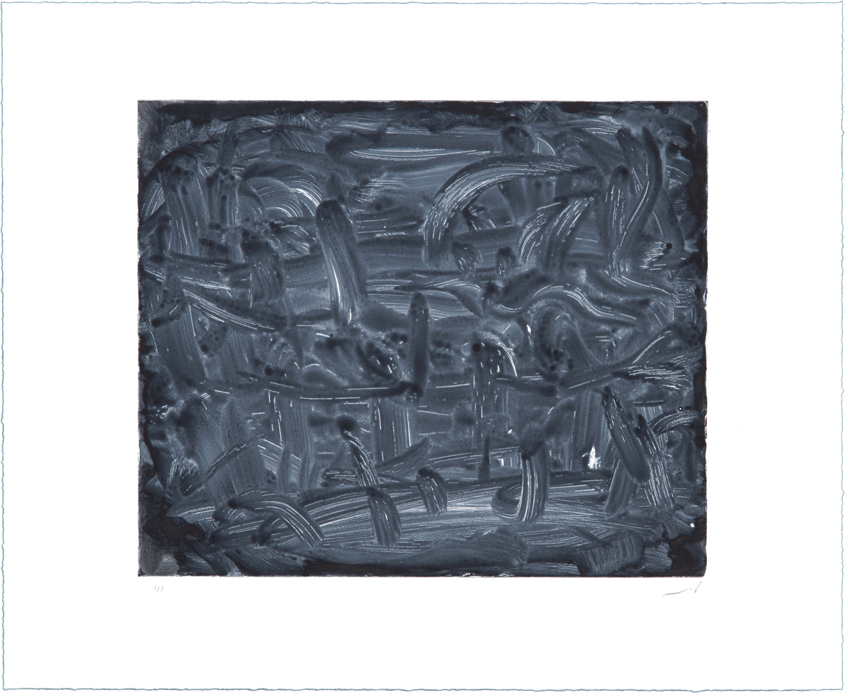 Payne's gray horizontal monotype by Liat Yossifor. Dynamic, layered gestural strokes with textured dry-brush highlights.