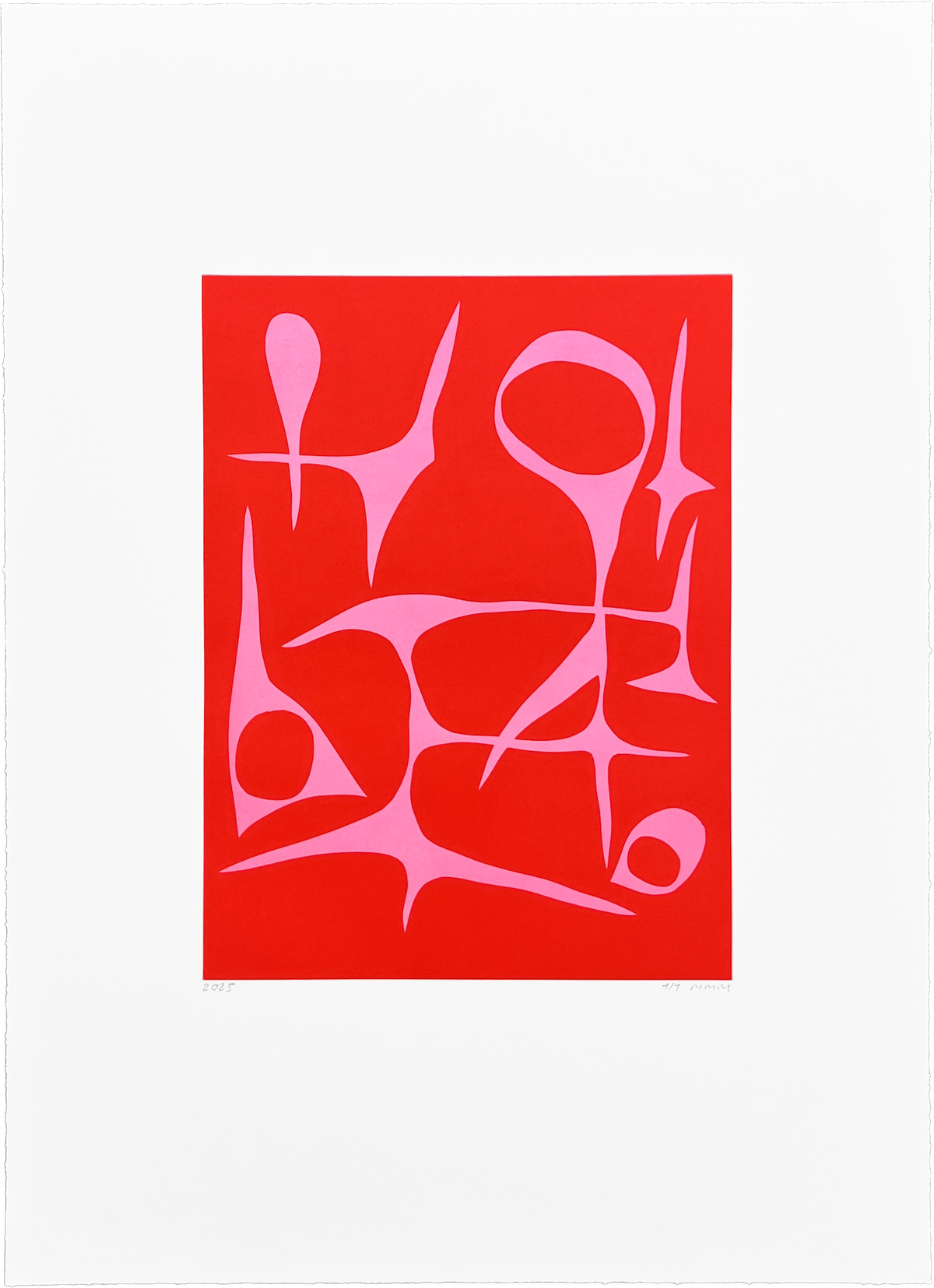 Mathias Malling Mortensen monoprint: red and pink layers form abstract grids, overlapping rings, and intersecting circles.