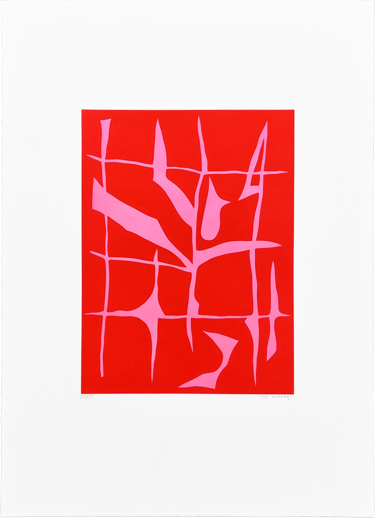 A monoprint by Mathias Malling Mortensen that features an asymmetrical pink grid pattern floating over a solid, intense red background.