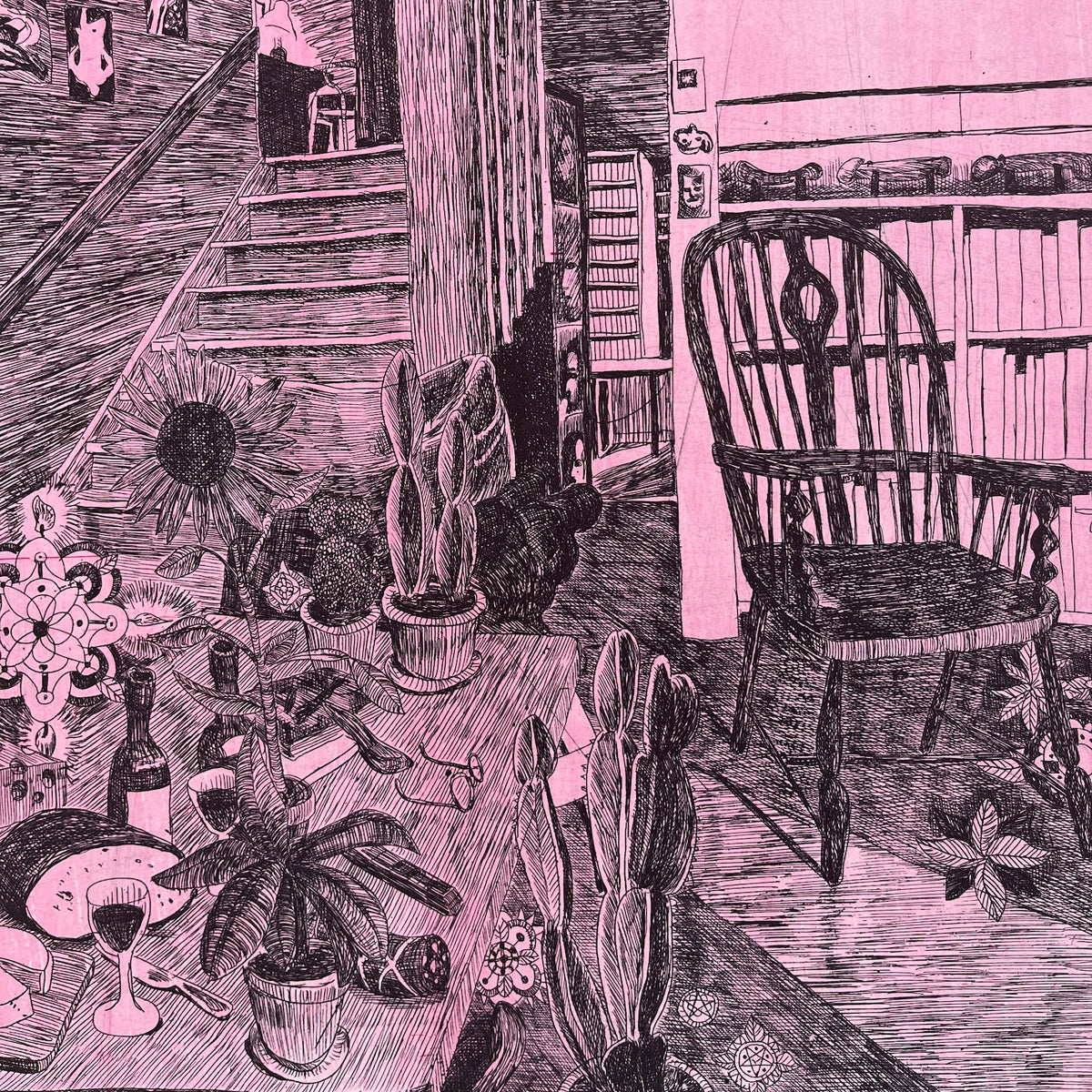 Detail from "Ocean of Time" etching by Morten Schelde: dark blue line work shows a desolate interior on a bright pink backdrop.