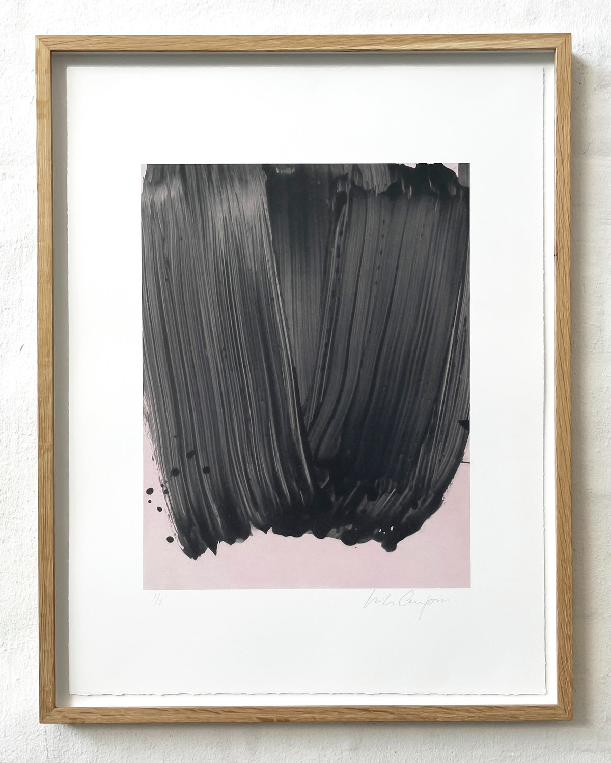 Ruth Campau monoprint 'This Moment for You': a translucent black brushstroke layered over a soft, muted ancient rose backdrop.