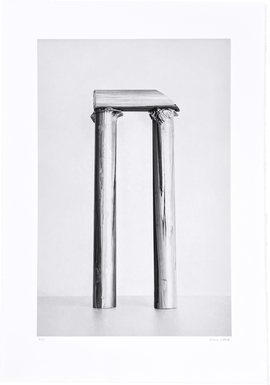 "Ruin (I)" photogravure by Valérie Collart: architectural pillars evoking antiquity in soft, subtle gray shades.